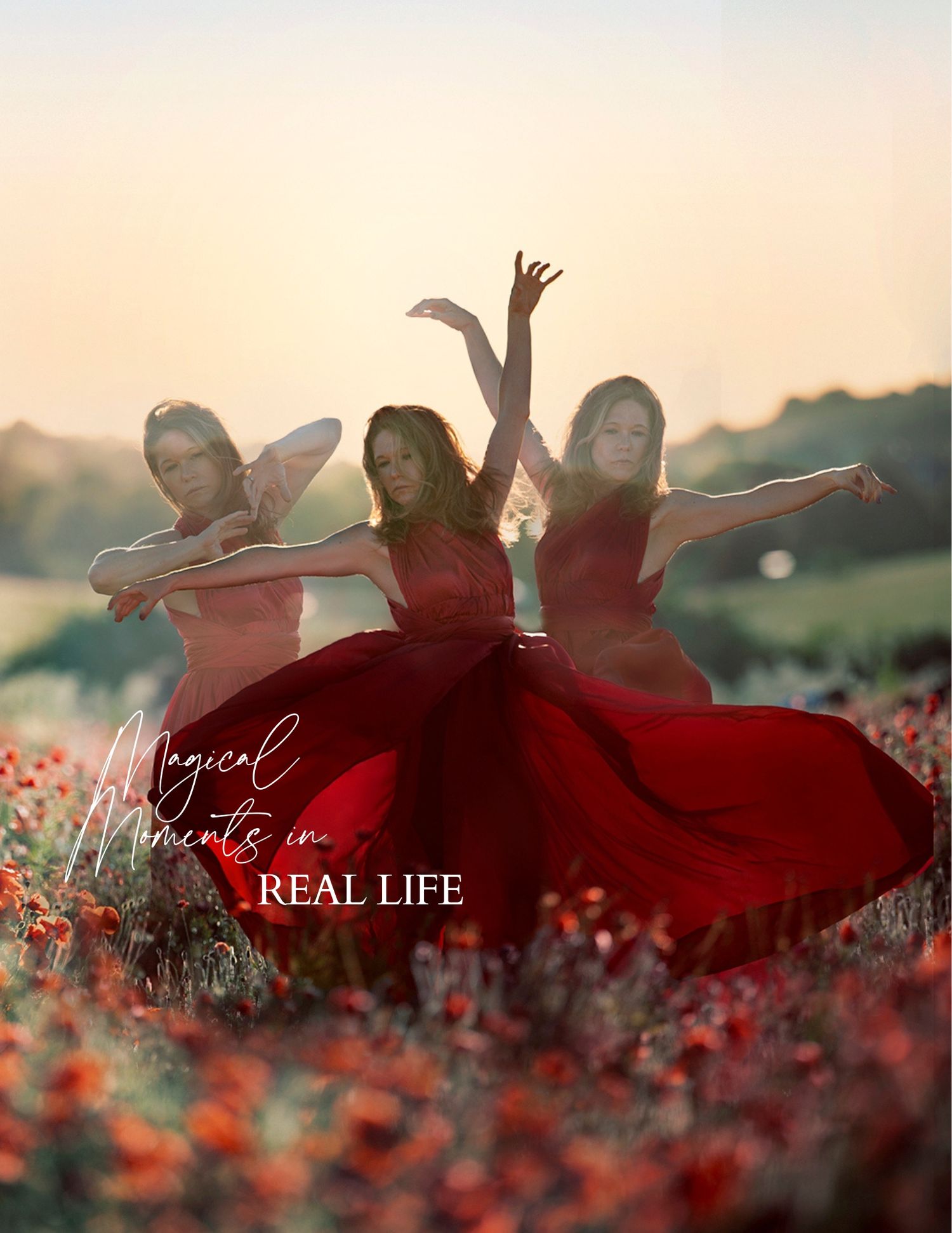 Dancers in red dresses perform gracefully among blooming poppies with inspirational text.