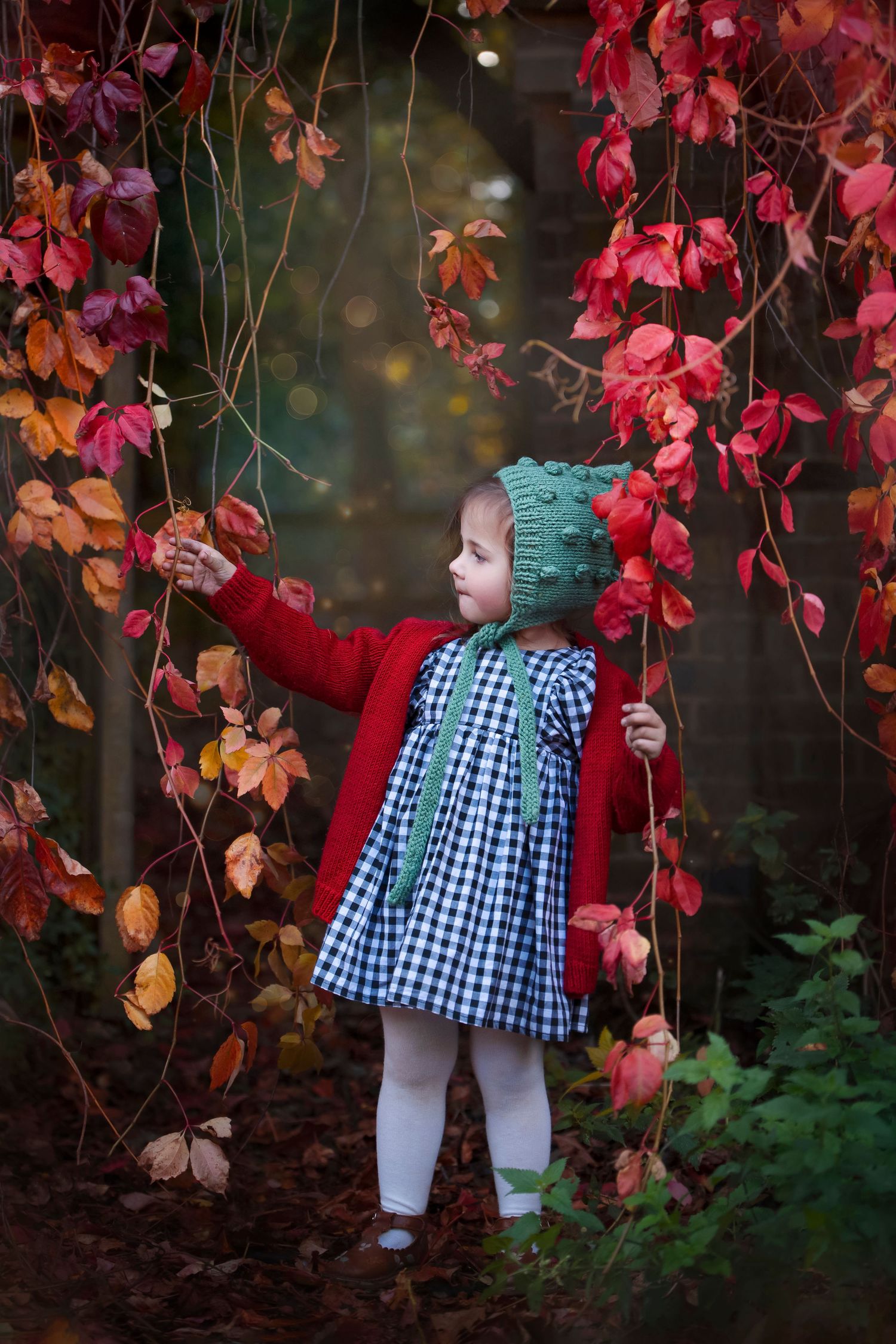 A toddler girl in a red coat and green knit bonnet reaches for vibrant red autumn leaves in a garden.