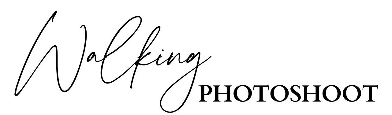 Handwritten black text spelling 'Walking photoshoot' in a stylish calligraphy font on white background.