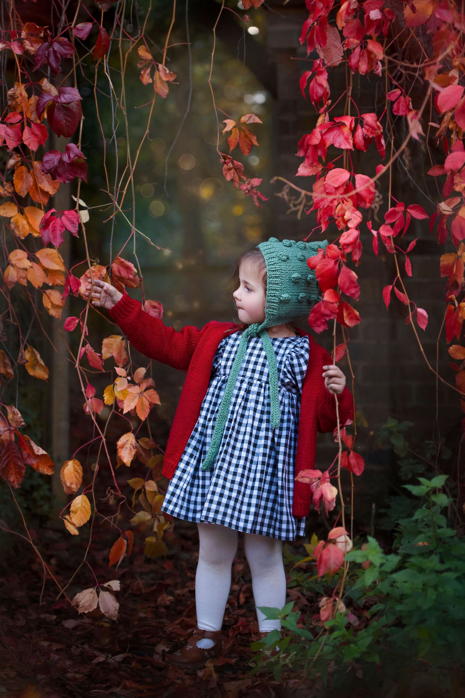 Small figure in red cardigan and gingham dress reaches for vibrant autumn leaves among red and orange foliage.