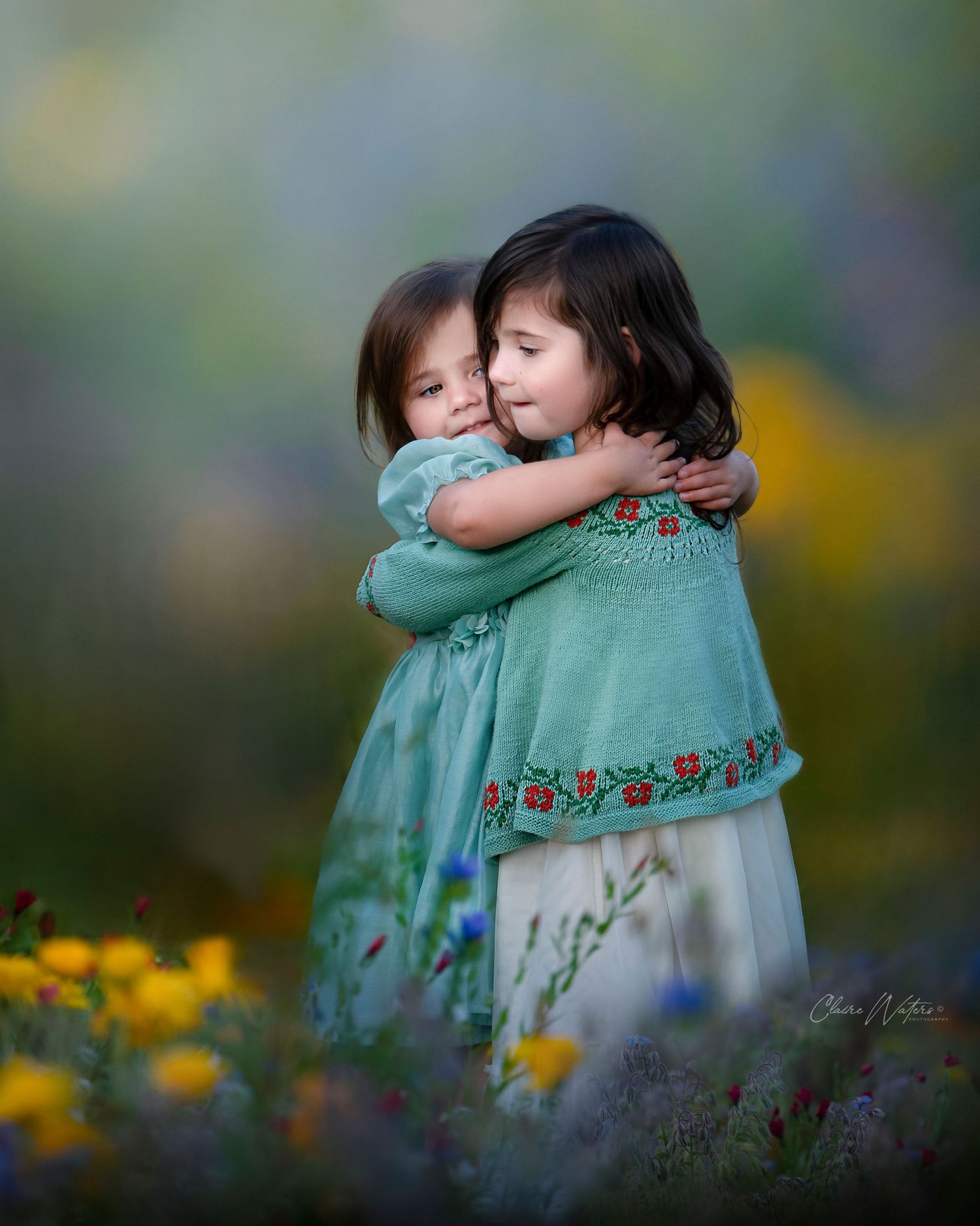 Two children in matching teal sweaters share a tender hug among colorful wildflowers.