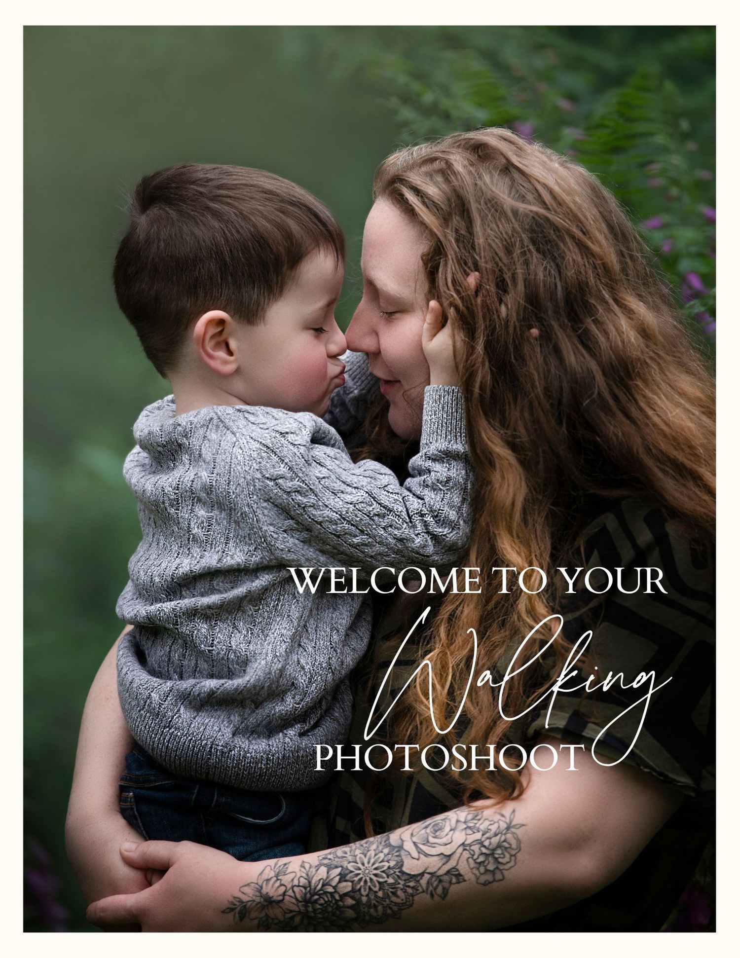 A tender moment between a child in a knit sweater and long-haired caregiver set against a blurred green background.