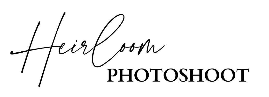 Black handwritten text reading 'Heirloom Photoshoot' on a white background with elegant script and professional typography.