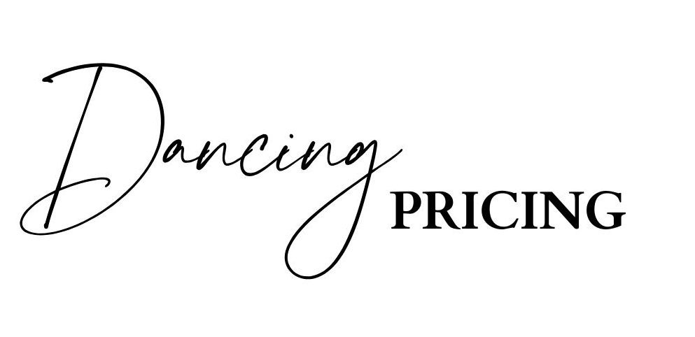 Elegant black cursive text reads 'Dancing PRICING' in a modern typographic design style.