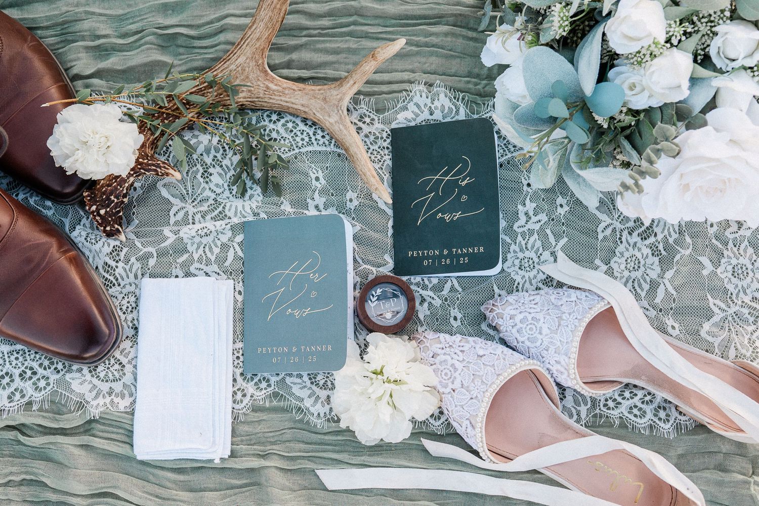 Wedding stationery and decor details in shades of green and white with elegant calligraphy and floral accents.