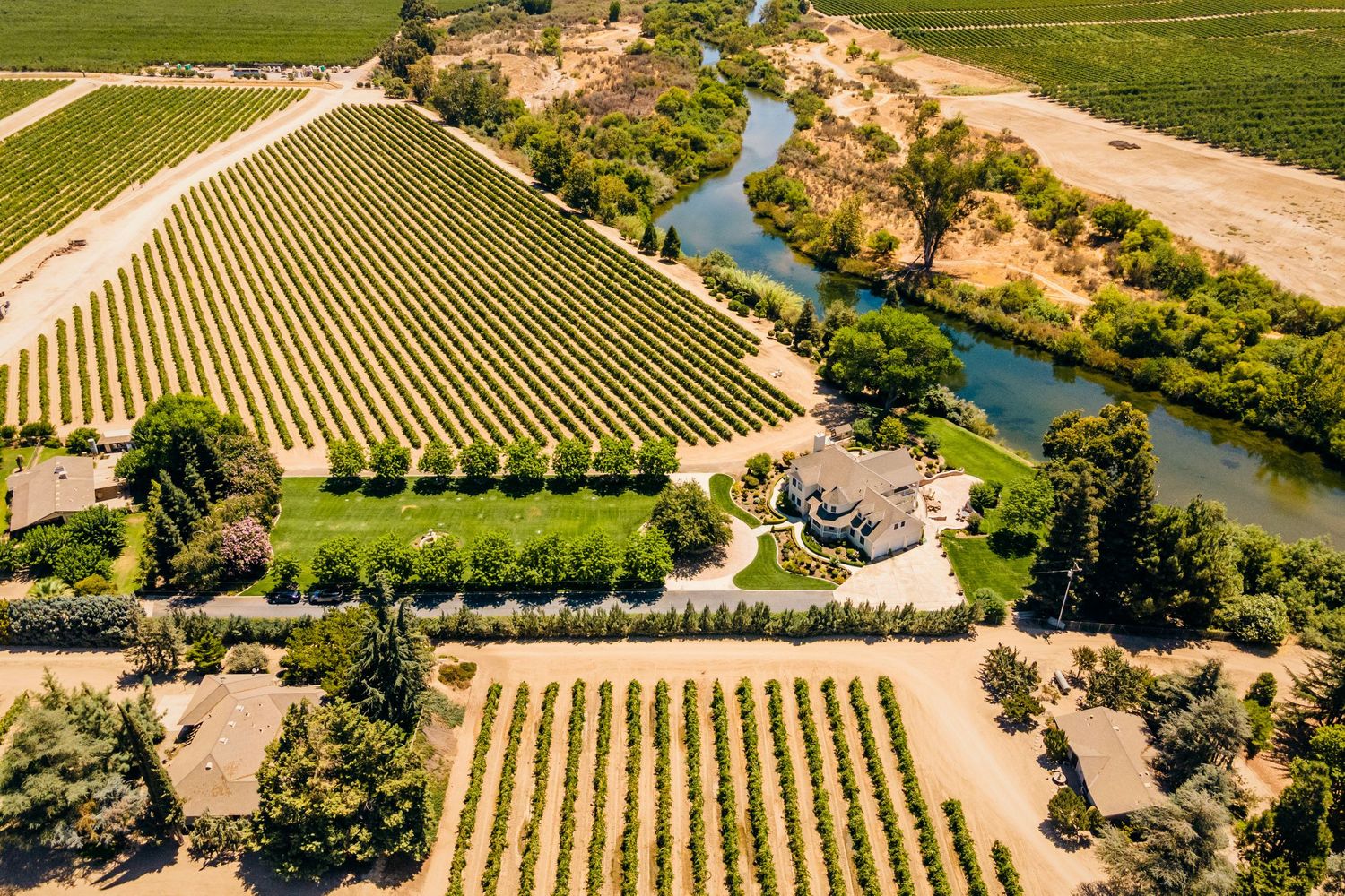 Aerial panorama of vineyard rows stretching across rolling hills with a river winding through the agricultural landscape.