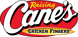 Red and white Raising Cane's Chicken Fingers restaurant logo in retro-style lettering.