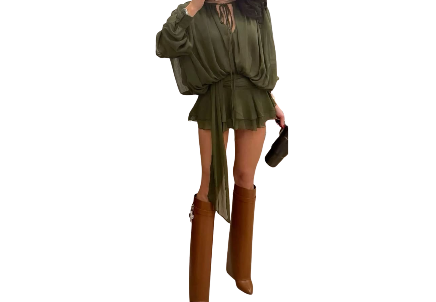 Army green long sleeve mini dress with elastic waist and ruffle hem, styled with brown knee-high boots.
