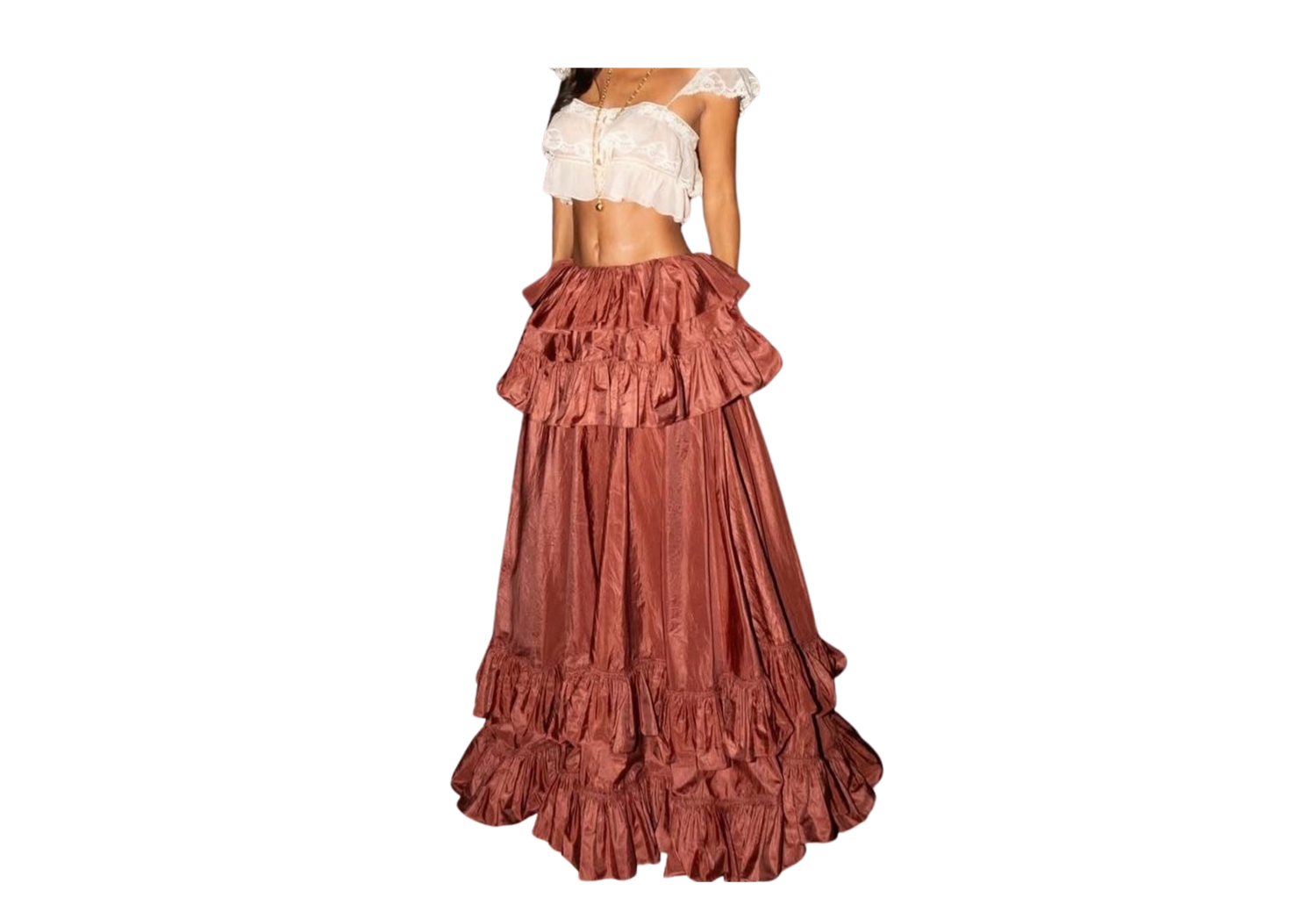 Elegant rust-colored satin tiered ruffle maxi skirt paired with a white lace crop top for a romantic look.