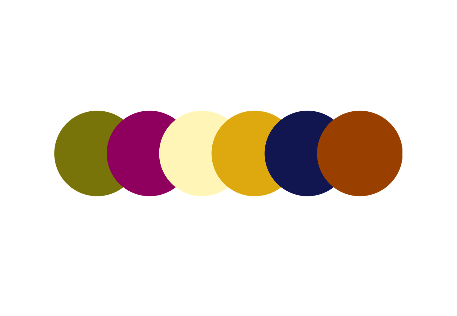 Six colorful circles in olive, magenta, cream, gold, navy, and brown arranged in a horizontal row on white.