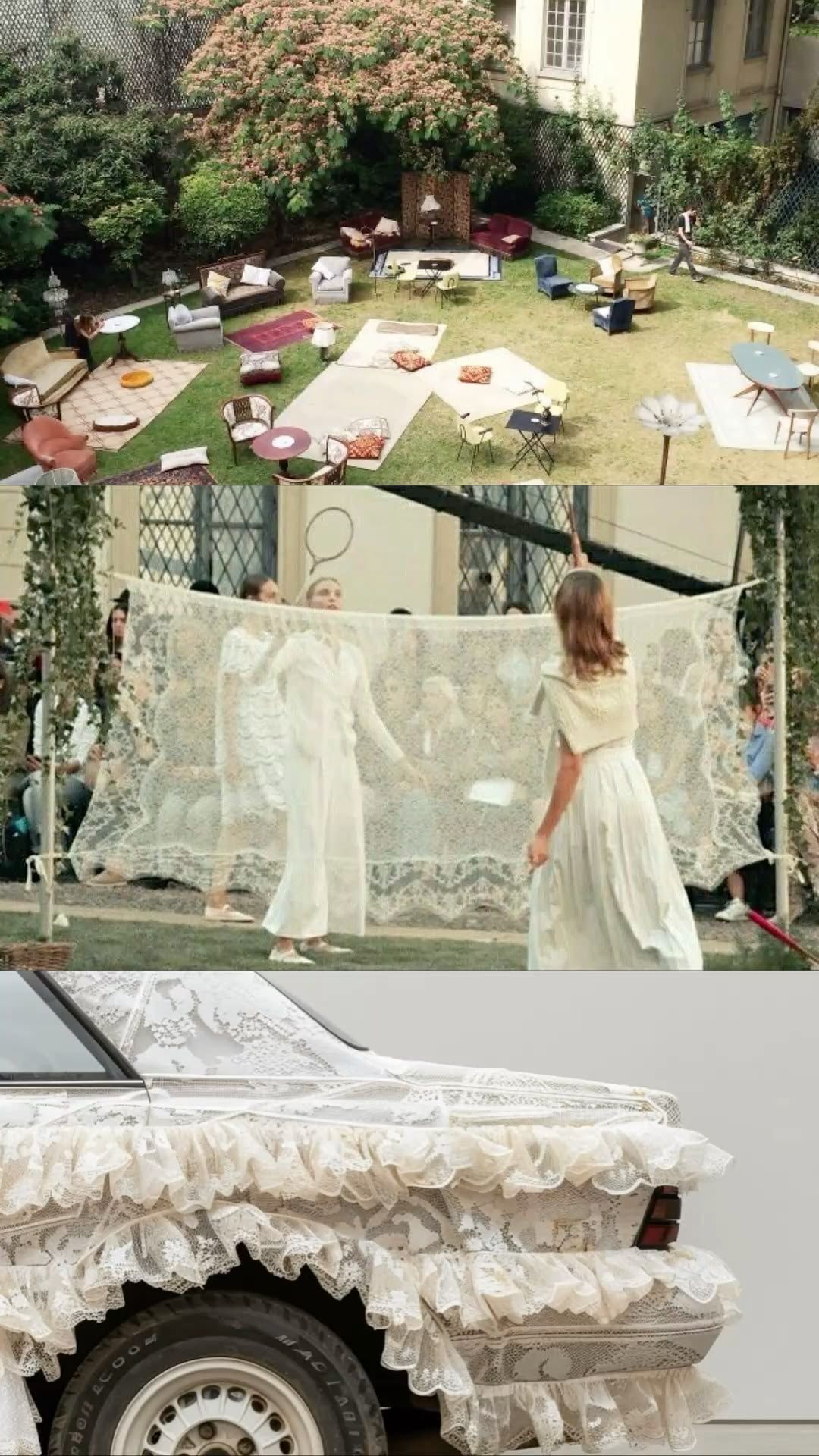 Aerial view of elegant garden party setup with vintage car adorned in white lace ruffles and women in flowing white dresses.