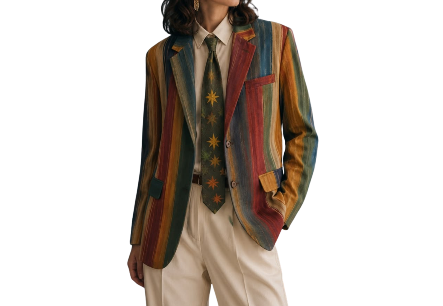 Person wearing a colorful striped blazer with a matching tie and cream trousers in a stylish ensemble.