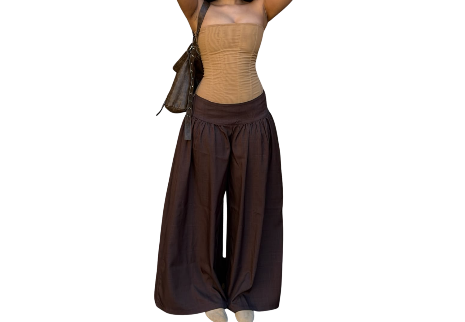 Brown wide-leg palazzo pants with elastic waistband, styled with a tan corset top and brown crossbody bag.