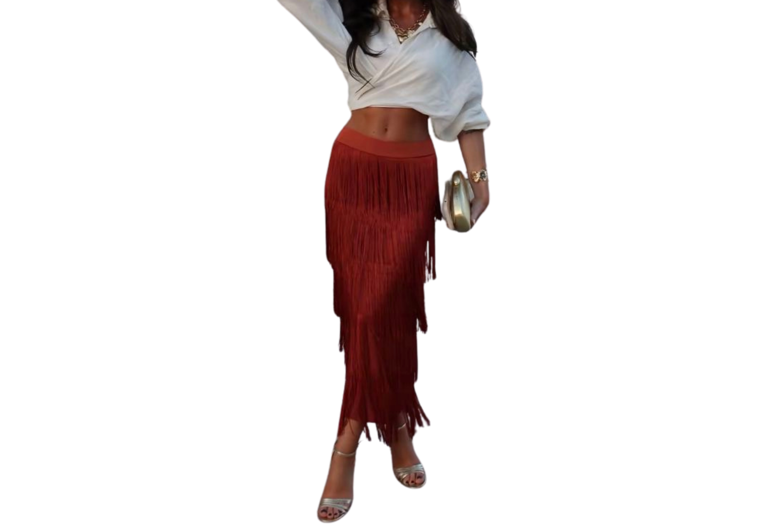Red suede fringe tassel maxi skirt with layered tiers, paired with a white crop top and nude heels.