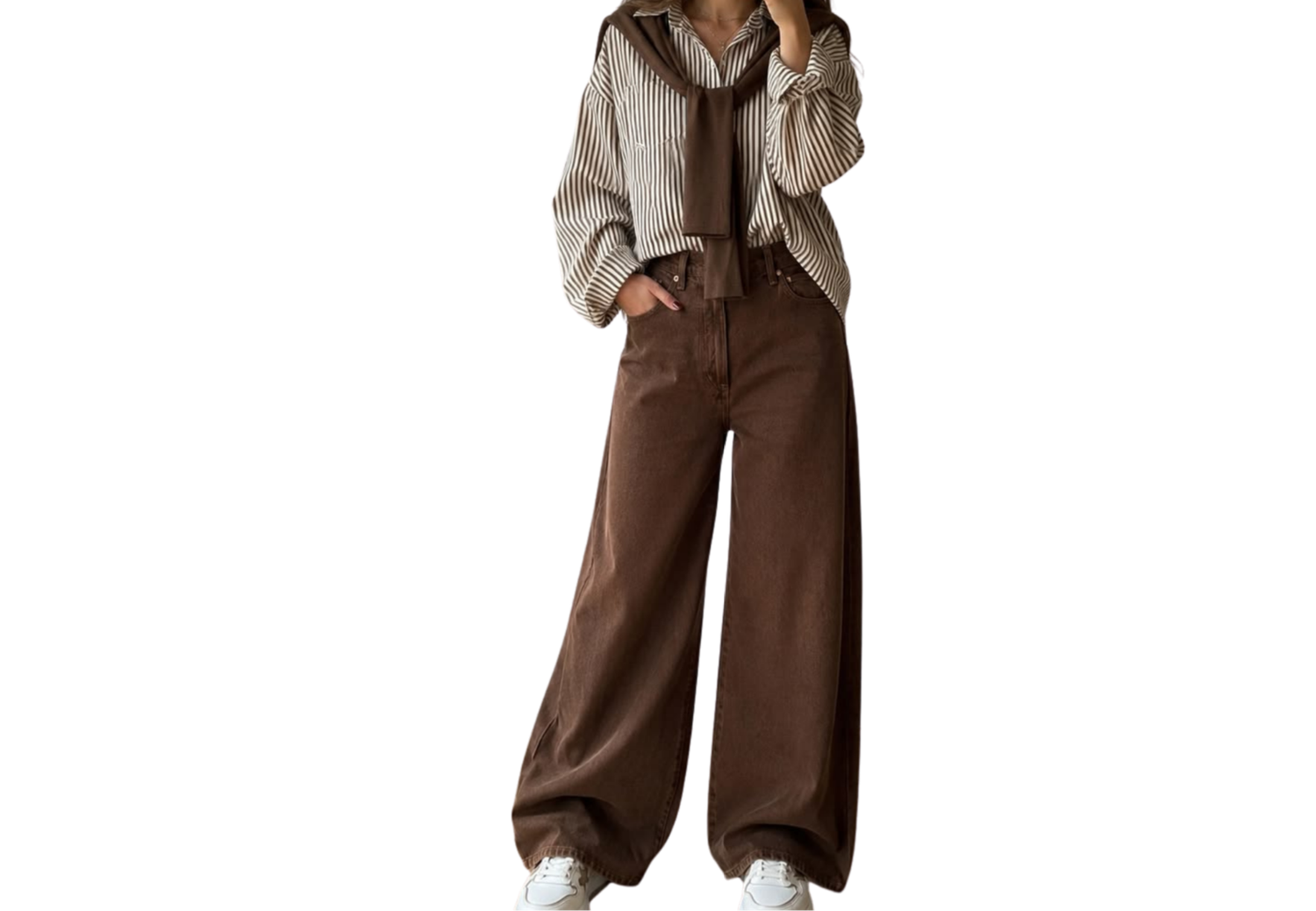 Brown wide-leg pants paired with a beige zip-up hoodie, styled in a casual relaxed fit outfit on a white background.