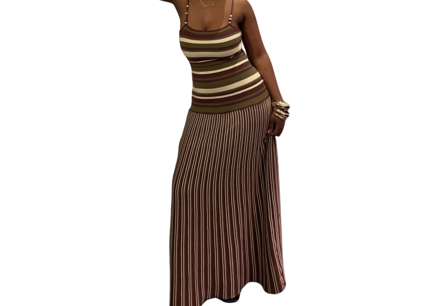 Brown striped knit maxi dress with spaghetti straps and pleated skirt, featuring cream and tan horizontal stripe detail.