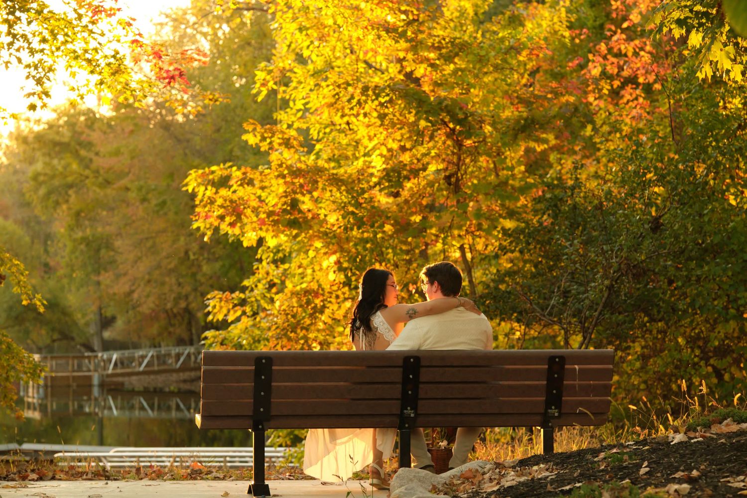 Autumn trees with vibrant yellow and orange foliage line a stone wall pathway in golden sunlight.