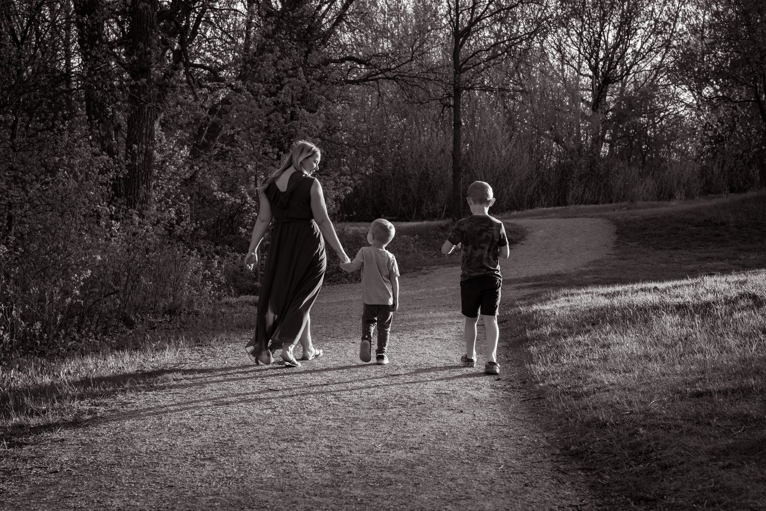 A group of silhouettes walking together on a path through a wooded area at dusk.