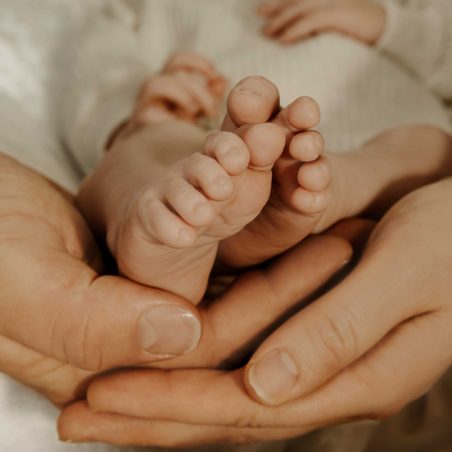 Close-up sequence of tiny baby feet being gently held in adult hands.
