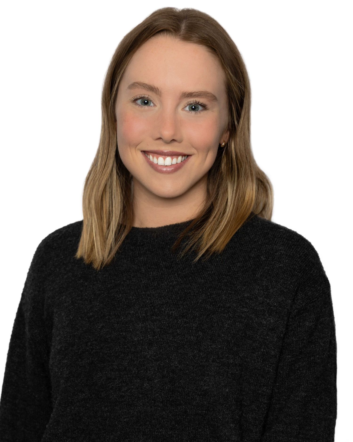Studio portraits featuring someone wearing a black sweater against white background.