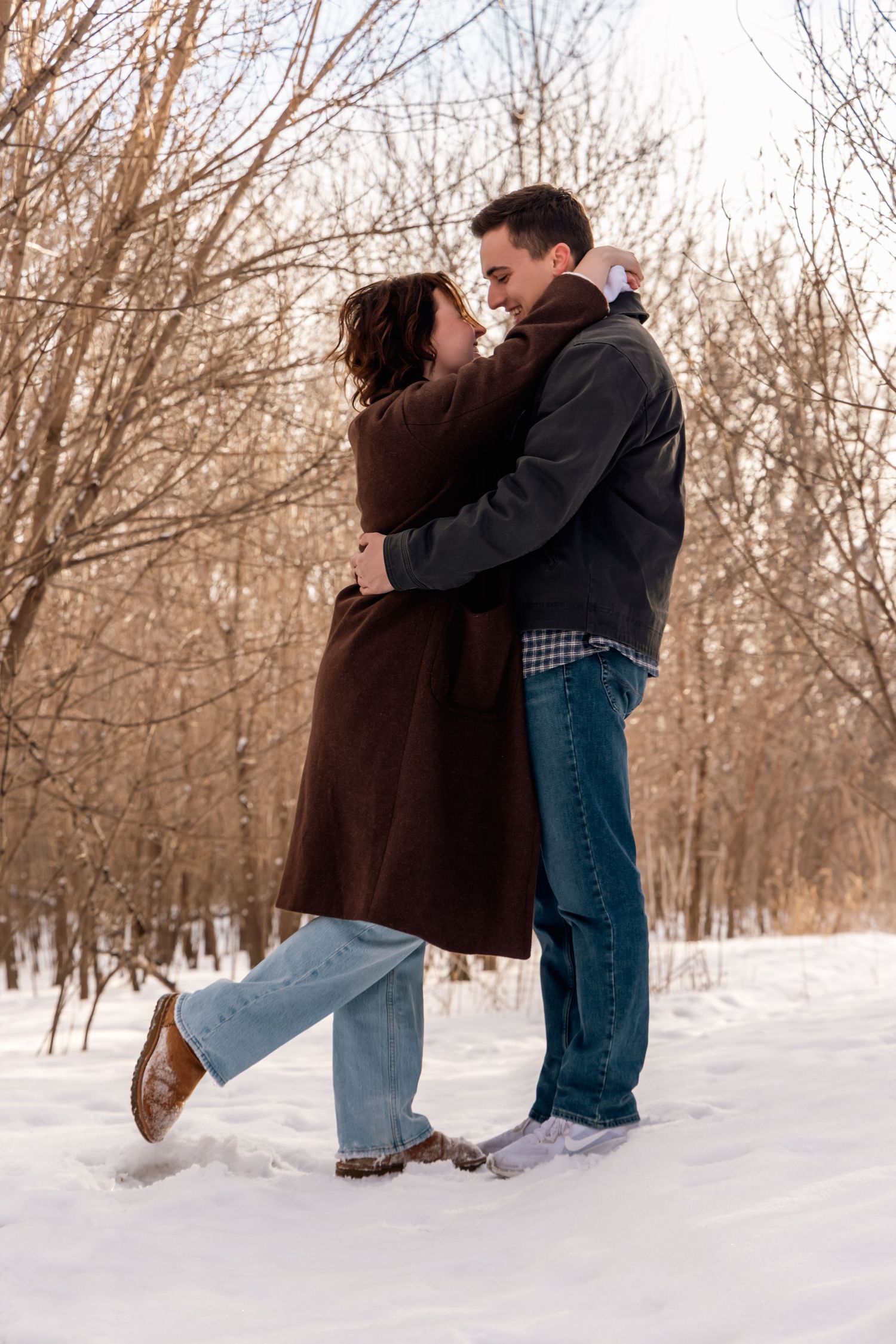 Romantic winter photo sequence showing a couple embracing in the snow.