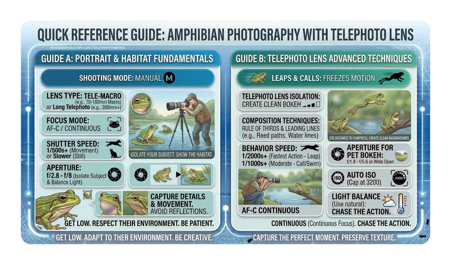 Quick reference guide for amphibian photography with telephoto lens, covering portrait basics and advanced techniques.