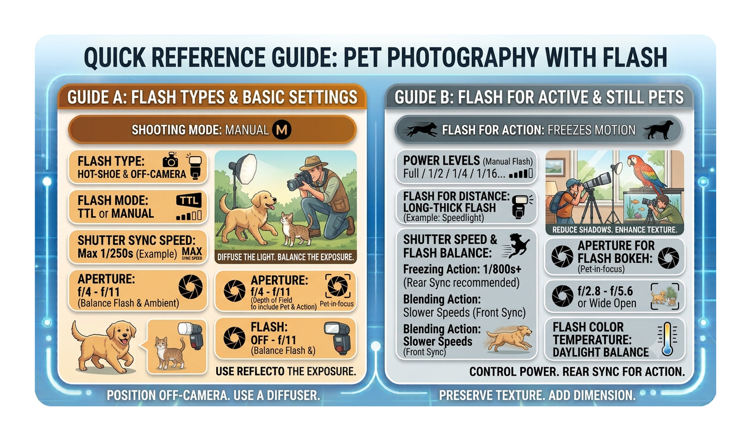 Quick reference guide for pet photography with flash, covering flash types, camera settings, and tips for active and still pets.