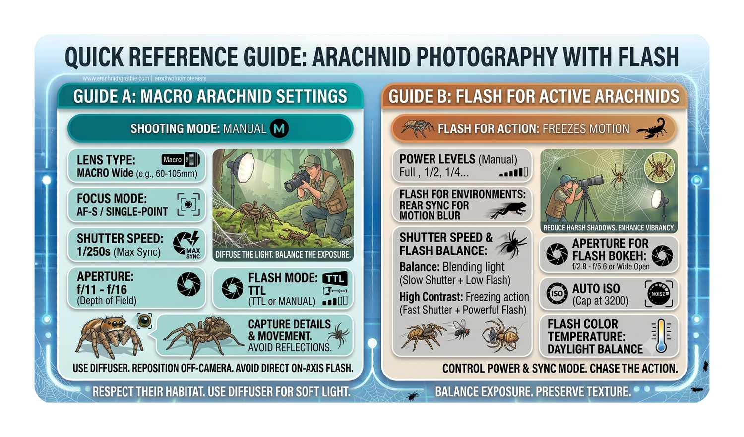 Quick reference guide for arachnid photography with flash, covering macro settings, power levels, and flash sync modes.