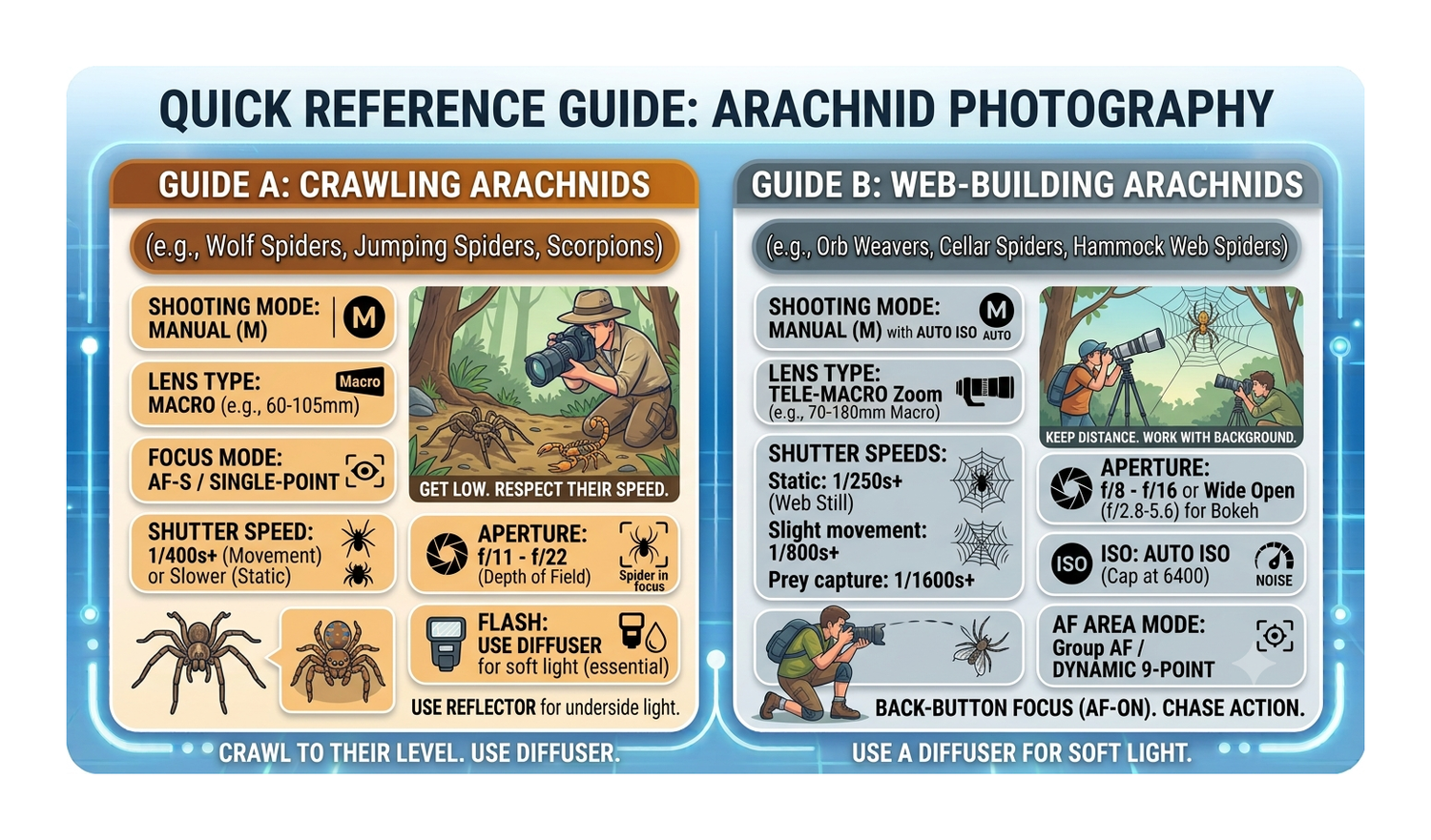 Quick reference guide for arachnid photography with camera settings for crawling and web-building spiders in a colorful chart.