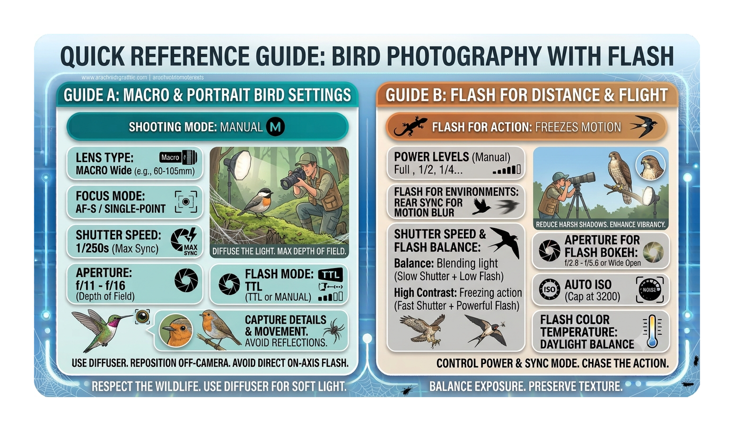 Quick reference guide for bird photography with flash, covering macro portrait settings and flash techniques for distance and flight shots.