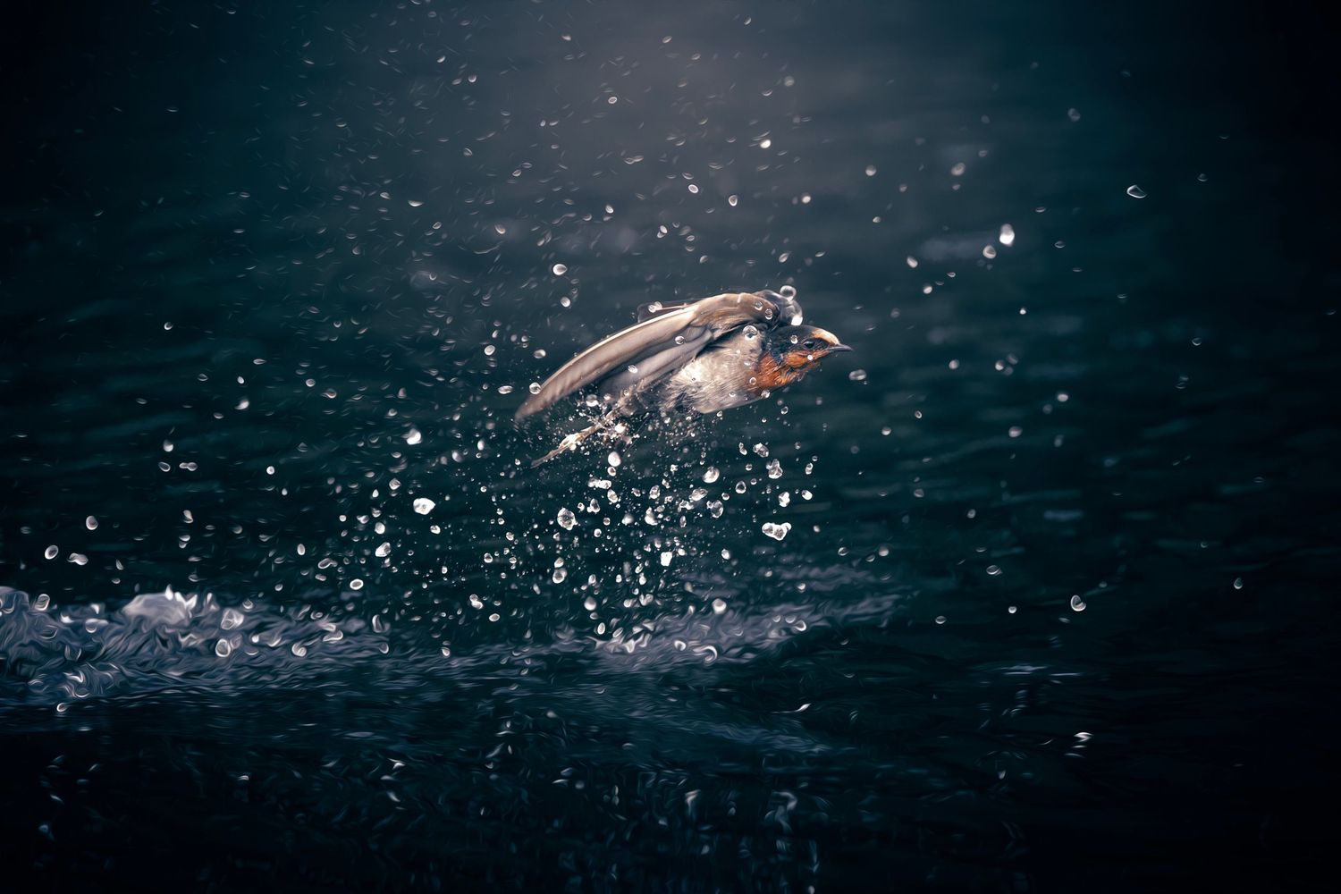 A penguin leaping out of dark ocean waters surrounded by splashing droplets in a dramatic wildlife moment.