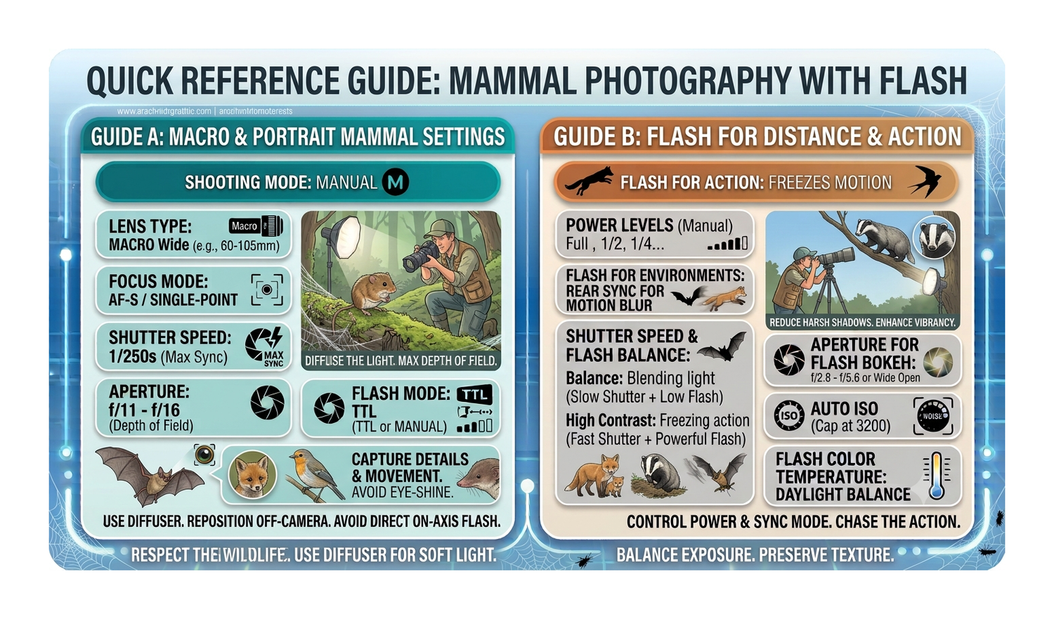 Quick reference guide for mammal photography with flash, covering macro, portrait, distance, and action settings with tips.