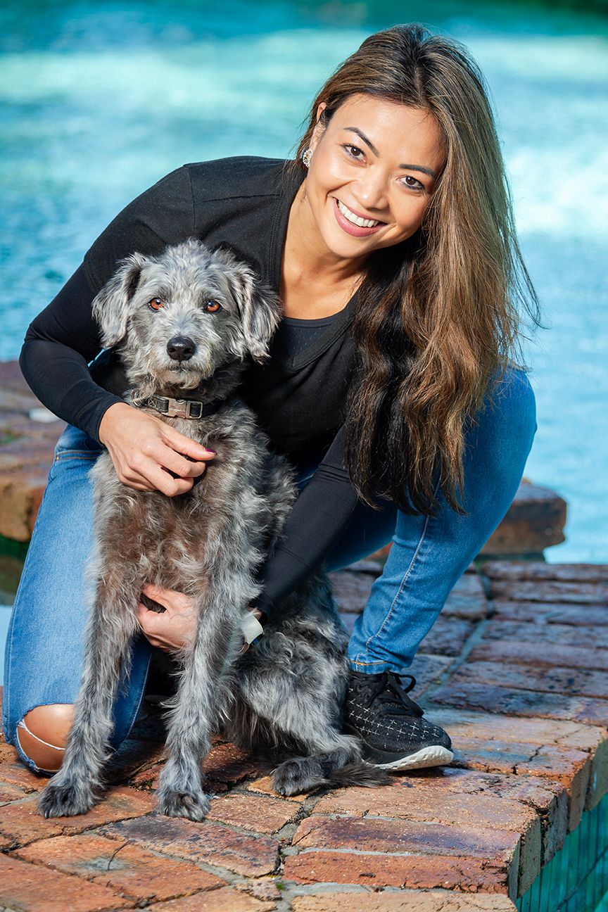 Grey scruffy terrier mix dog posing on brick surface near blue water.