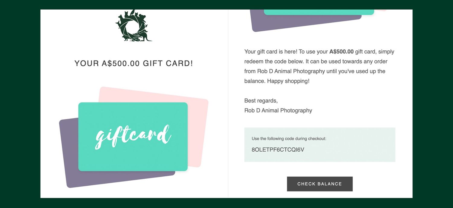 A $500 gift card email from Rob C Animal Photography with colorful gift card designs and redemption instructions.