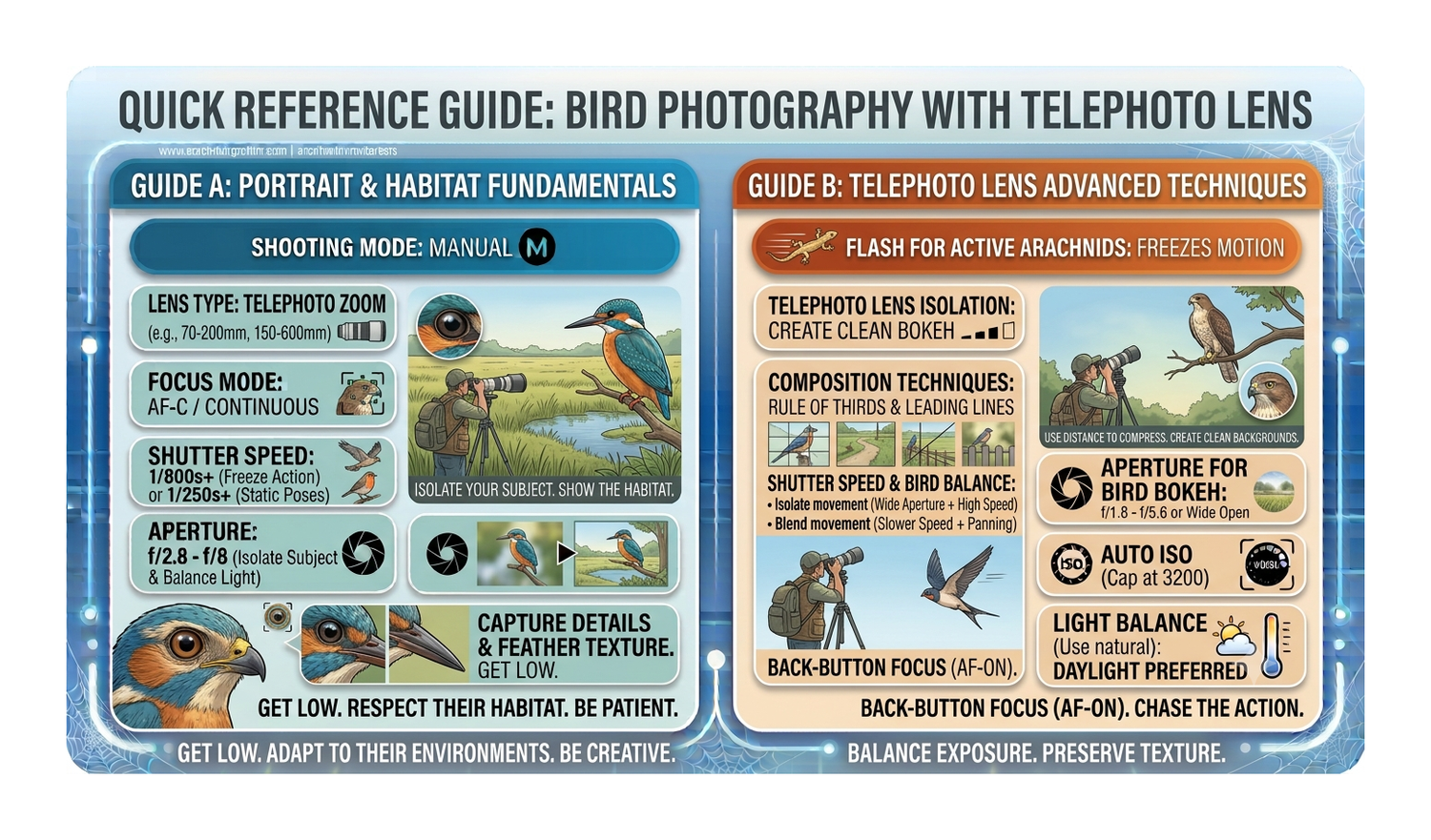 Quick reference guide for bird photography with telephoto lens, covering portrait fundamentals and advanced techniques with tips.