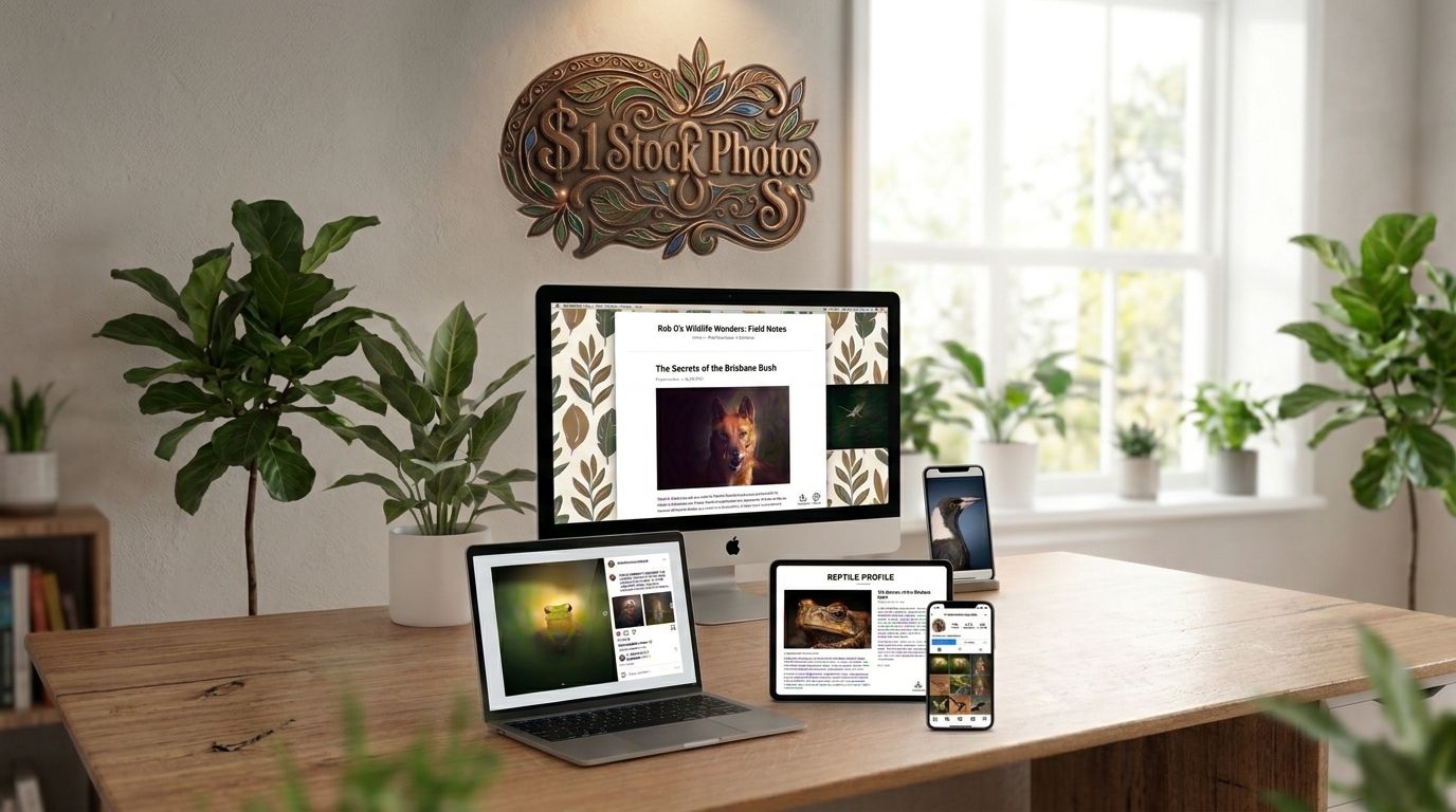 Multiple devices displaying a website on a wooden desk with plants in a bright home office setting.