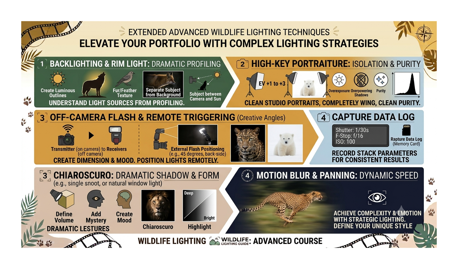 Wildlife lighting course infographic showing advanced techniques including backlighting, high-key portraiture, chiaroscuro, and motion blur 