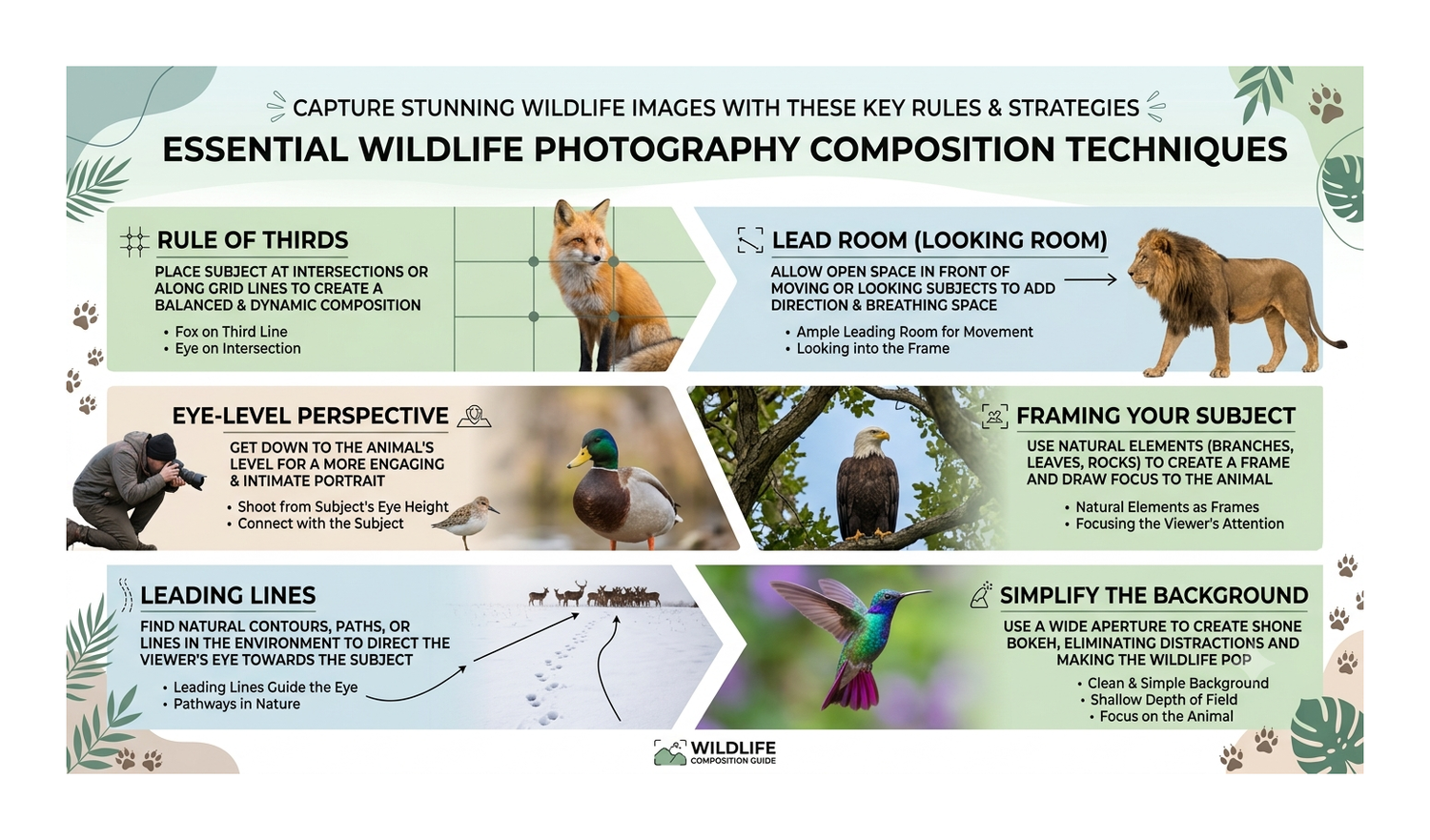 Infographic showcasing essential wildlife photography composition techniques including rule of thirds, leading lines, and framing subjects.