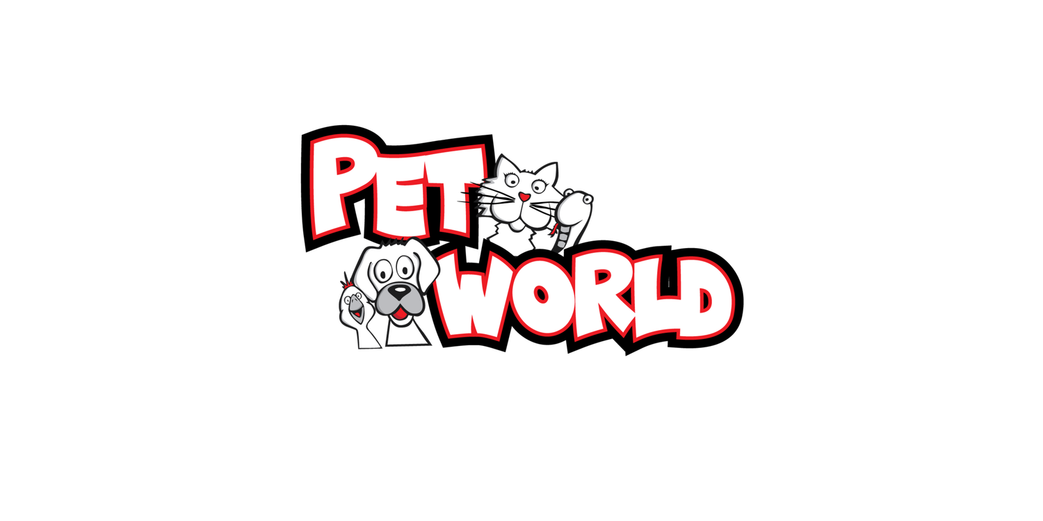 Pet World logo featuring cartoon dog and cat characters with bold red and white stylized text on white background.