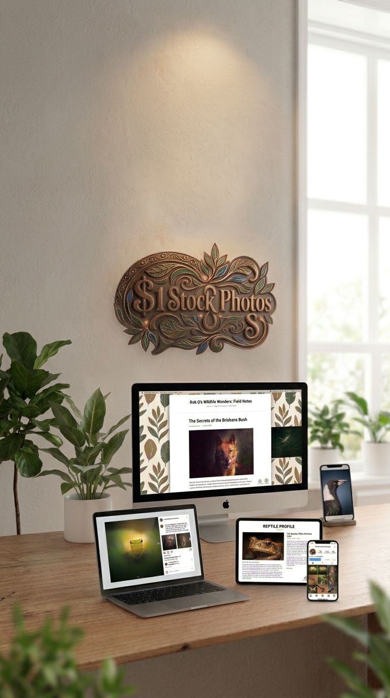 Decorative $1 Stock Photos sign above a desk with iMac, laptop, tablet, and smartphone displaying stock photo websites.