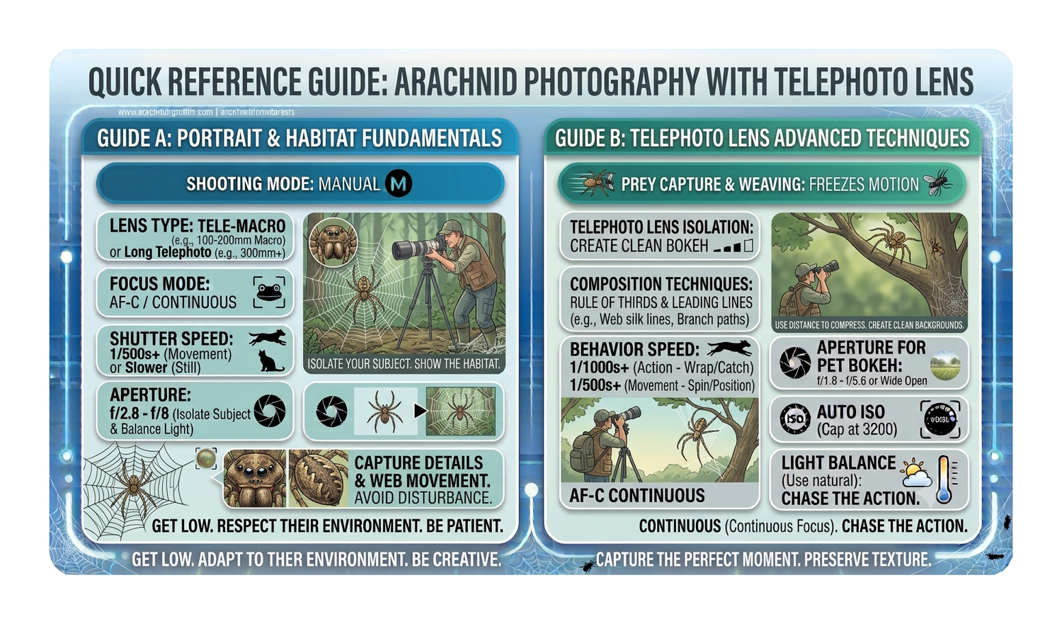 Quick reference guide for arachnid photography with telephoto lens covering portrait fundamentals and advanced techniques.