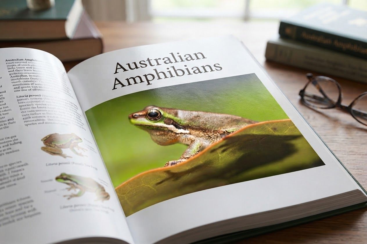 Open book titled Australian Amphibians featuring a close-up photo of a green tree frog on a leaf, placed on a wooden desk.