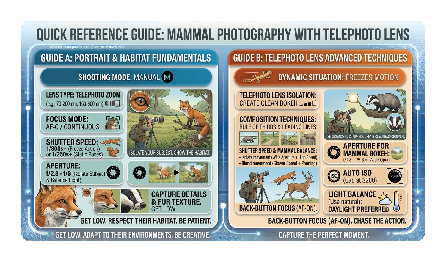 Quick reference guide for mammal photography with telephoto lens covering portrait fundamentals and advanced techniques.