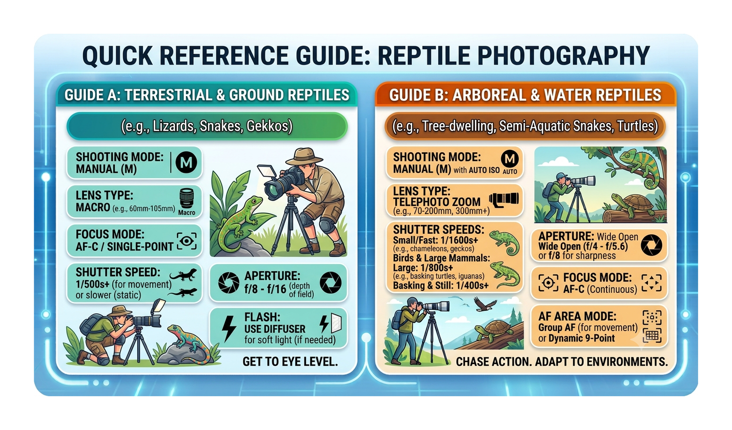 Quick reference guide for reptile photography covering terrestrial and arboreal settings with camera settings tips.