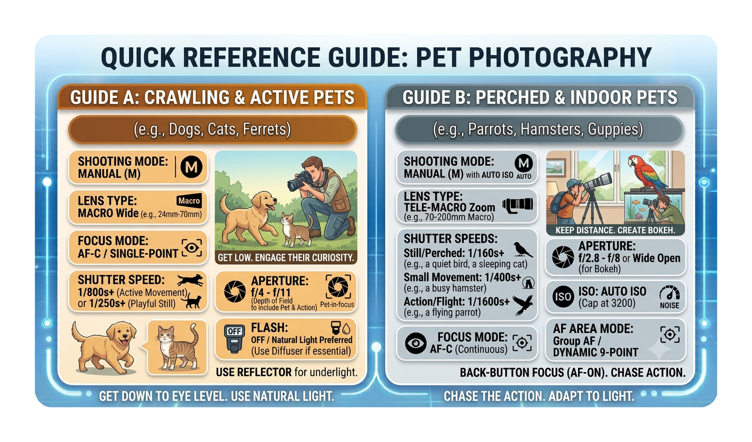 Quick reference guide for pet photography covering settings for crawling pets and perched indoor pets with camera tips.