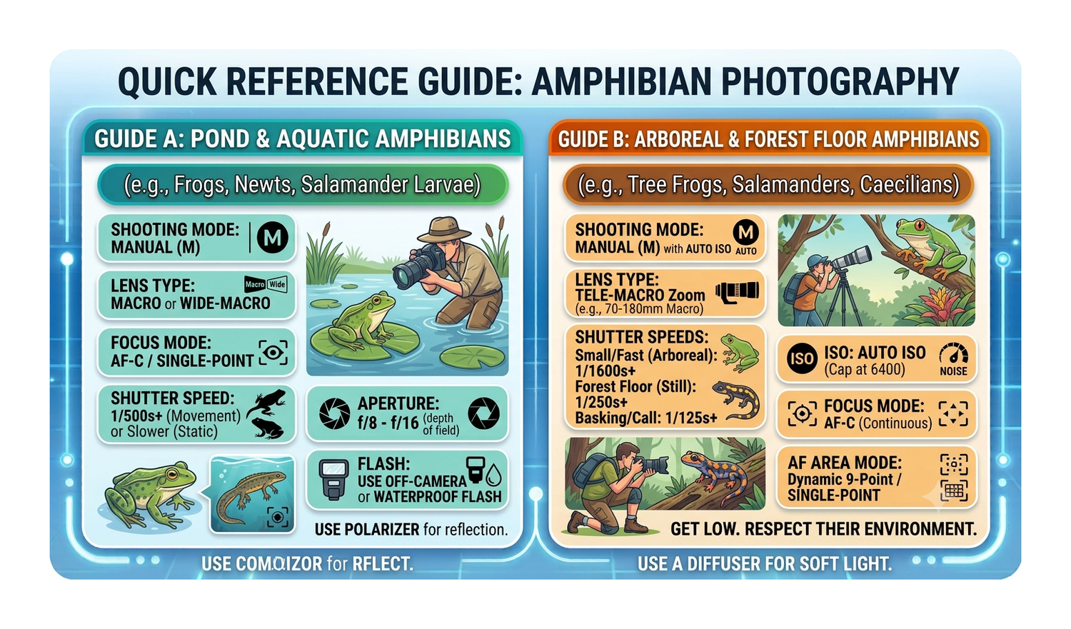 Quick reference guide for amphibian photography covering pond and arboreal species with camera settings, lens types, and shooting tips.
