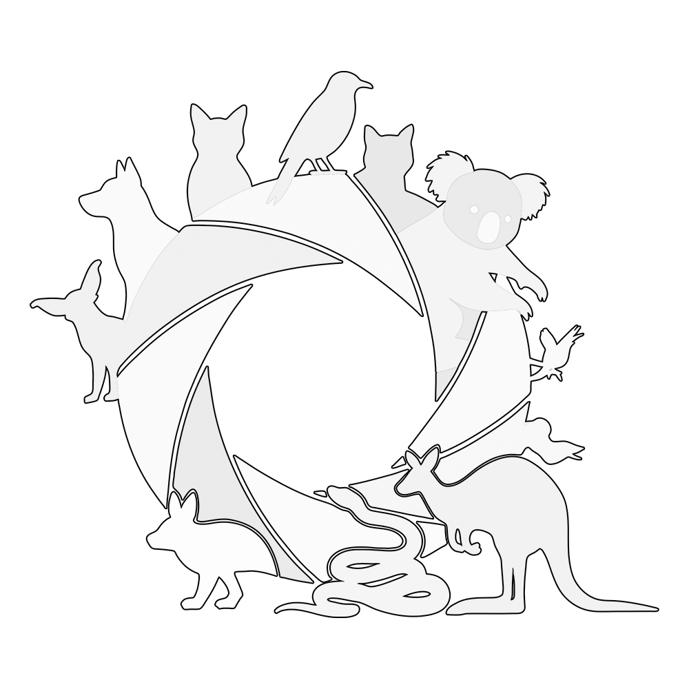 Circle of Australian wildlife silhouettes including kangaroo, koala, dingo, and snake forming a camera aperture shape.