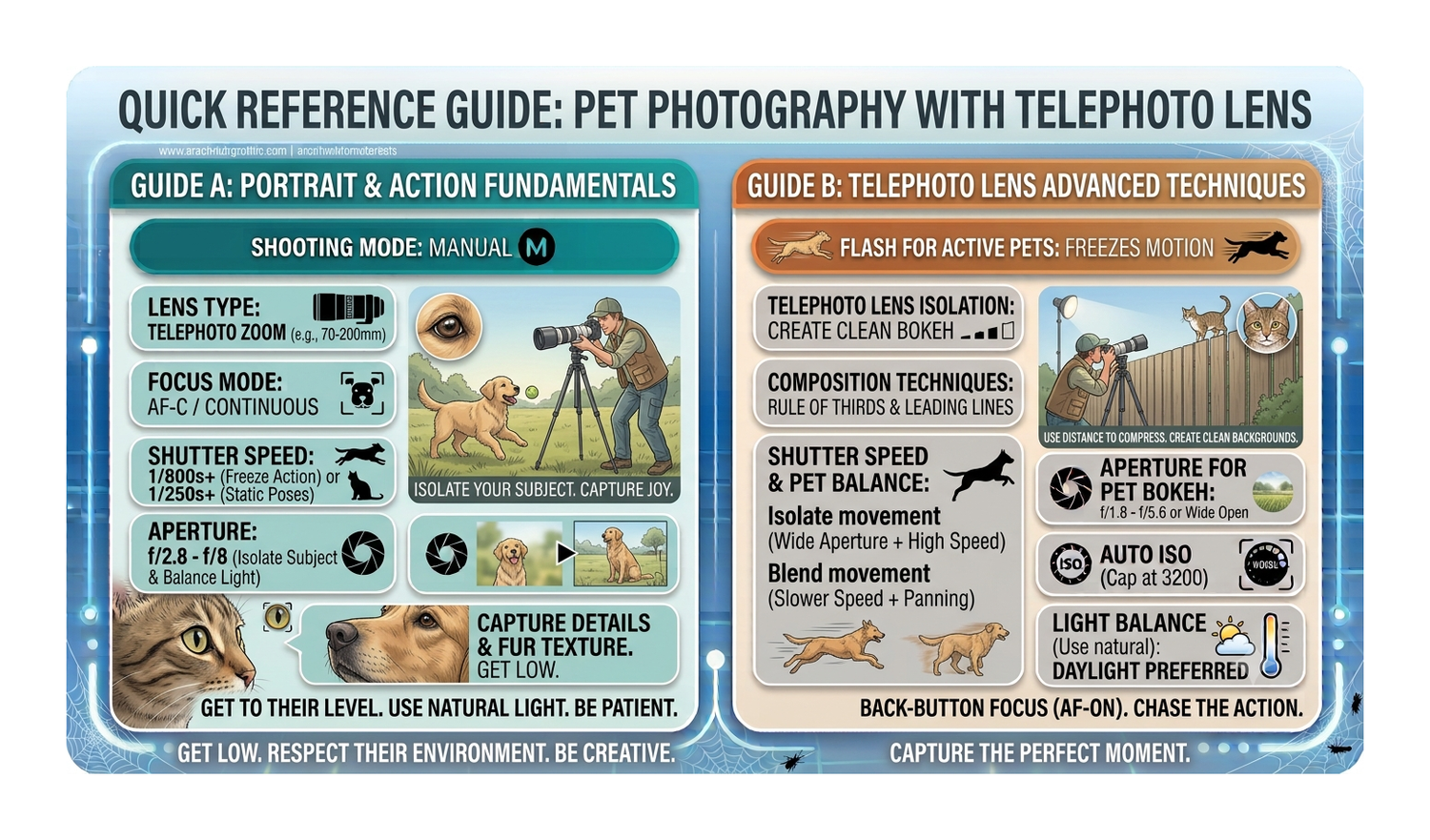 Quick reference guide for pet photography with telephoto lens covering portrait fundamentals and advanced techniques with camera settings.