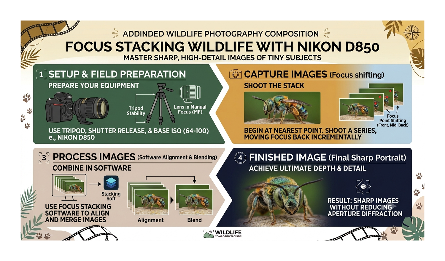 Infographic guide on focus stacking wildlife photography with Nikon D850, covering setup, capture, and software processing steps.