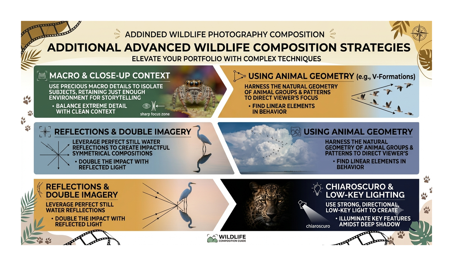 Infographic showcasing advanced wildlife photography composition strategies including geometry, reflections, and chiaroscuro lighting techni